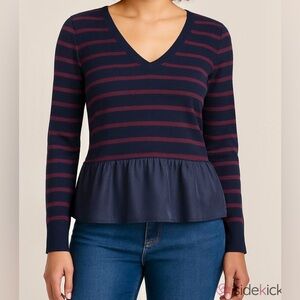 DKNY Blue Burgundy Striped SZ S Dark Academia Preppy Chic Peplum Knit Sweater
